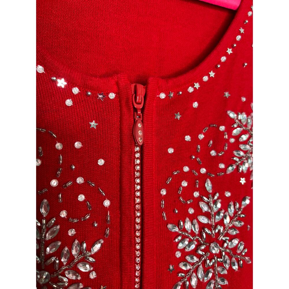 2000s Berek Red Silver Sparkle Snowflakes Glam Christmas Full Zip Cardigan 3XL - Picture 3 of 5